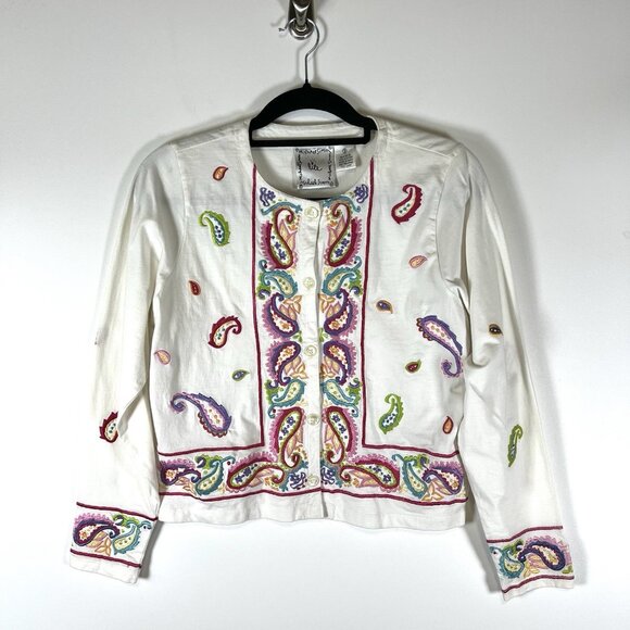 MICHAEL SIMON Vintage White Embroidered Paisley Longsleeve Cotton Cardigan Small - Picture 1 of 8